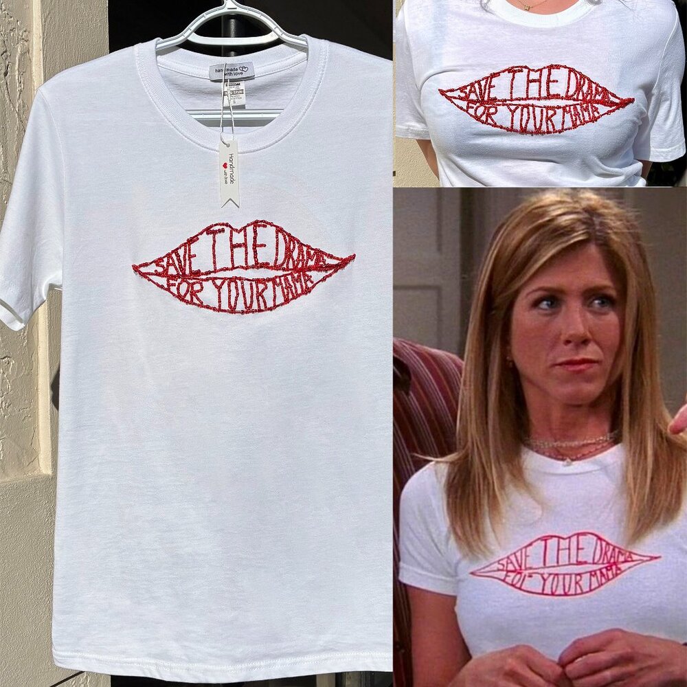 Handcrafted Beaded Glass Embroidery Rachel Friends Lips Save The Drama T-Shirt S